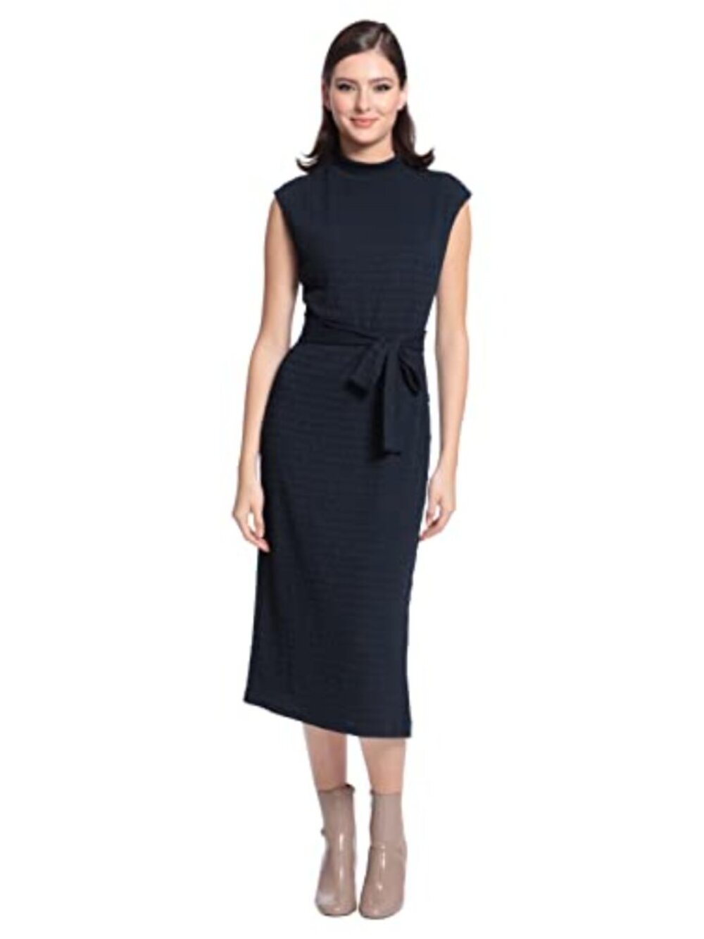Petite Mock Neck Side Placket Midi Dress with Sash Tie, Navy